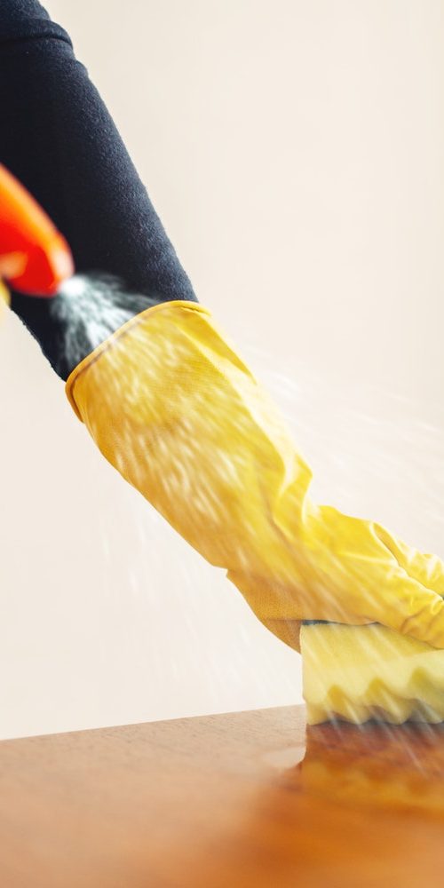 Housemaid hands cleans table with cleaning spray